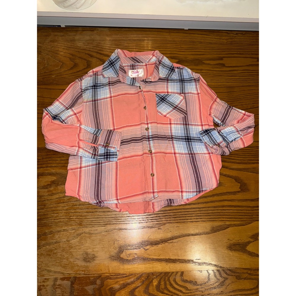 Justice Plaid Button Up Shirt Coral Blue Girls Size M 10 Long Sleeve Pocket